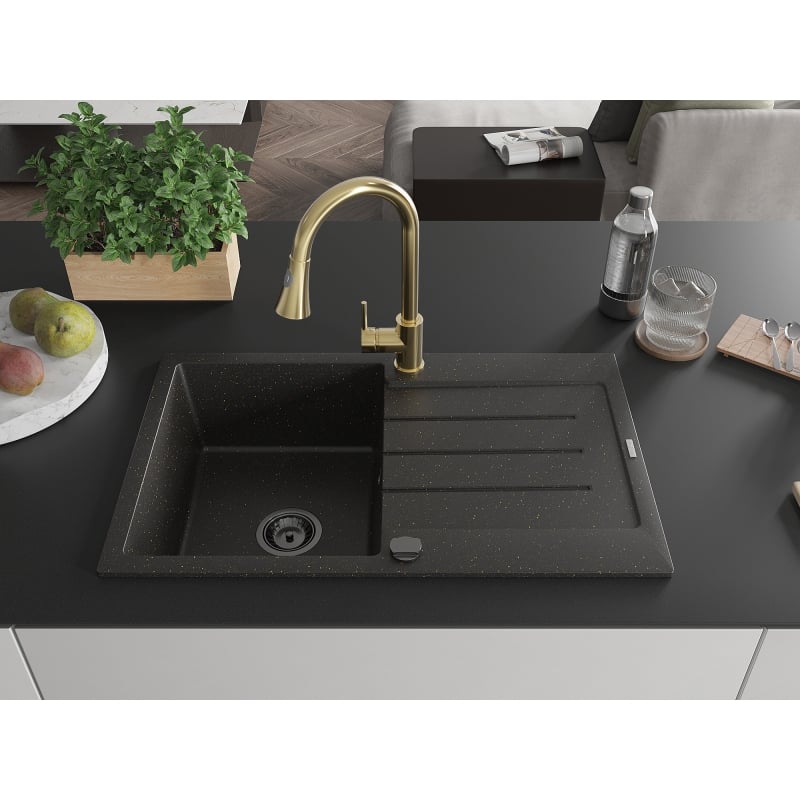 Mexen Bruno fregadero de granito de 1 seno con escurridor y grifo de cocina Elia, negro/dorado metálico - 6513-75-670101-50-B