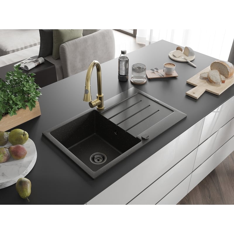 Mexen Bruno fregadero de granito de 1 seno con escurridor y grifo de cocina Elia, negro/dorado metálico - 6513-75-670101-50-B