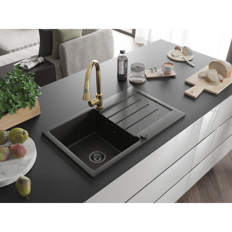 Mexen Bruno granieten spoelbak met 1 bak en afdruiprek en keukenmengkraan Elia, zwart/goud metallic - 6513-75-670101-50-B