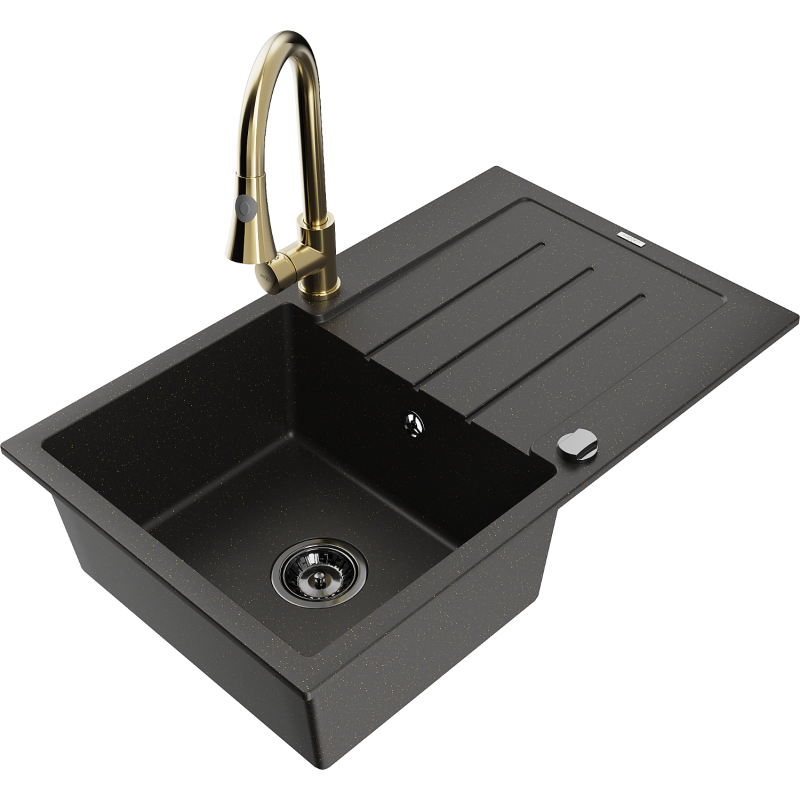 Mexen Bruno fregadero de granito de 1 cubeta con escurridor y grifo de cocina Elia, negro/oro metálico - 6513-75-670101-50-B