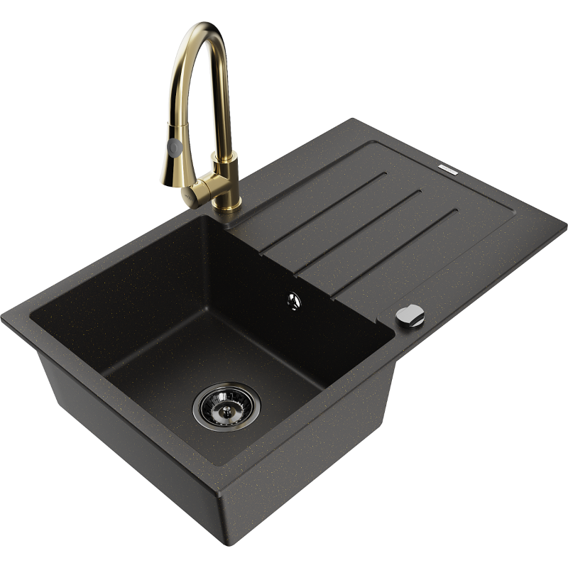 Mexen Bruno granitspüle 1-becken mit abtropffläche und Küchenarmatur Elia, schwarz/gold metallic - 6513-75-670101-50-B