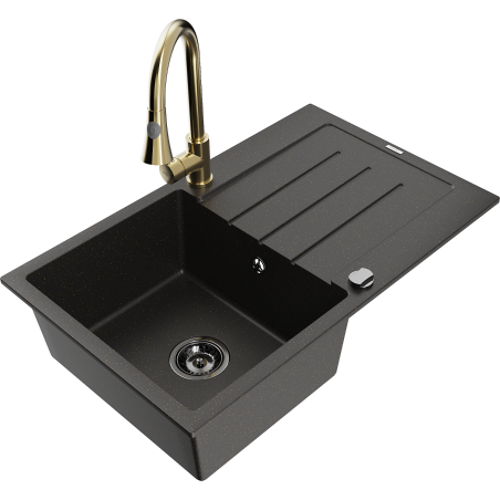 Mexen Bruno granite kitchen sink with drainer and Elia kitchen tap, black/gold metallic - 6513-75-670101-50-B