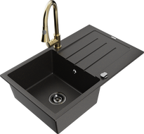Mexen Bruno fregadero de granito de 1 cubeta con escurridor y grifo de cocina Elia, negro/oro metálico - 6513-75-670101-50-B
