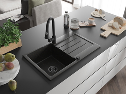 Mexen Bruno Granit-Spullsteen mat engem Becken an Drain mat Kichenkran Elia, schwaarz/goldege Metalik - 6513-75-670101-70-B