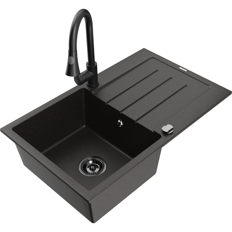 Mexen Bruno Granit-Spullsteen mat engem Becken an Drain mat Kichenkran Elia, schwaarz/goldege Metalik - 6513-75-670101-70-B