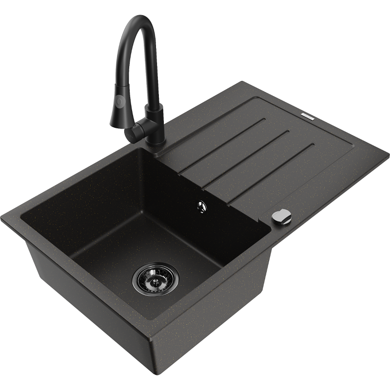 Mexen Bruno lava-loiça de granito 1-bacia com escorredor e torneira de cozinha Elia, preto/dourado metálico