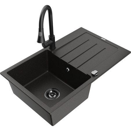Mexen Bruno fregadero de granito de 1 cubeta con escurridor y grifo de cocina Elia, negro/dorado metálico - 6513-75-670101-70-B