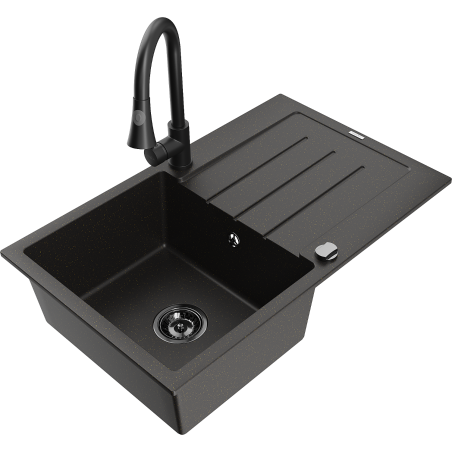 Mexen Bruno granitā izlietne ar vienu nodalījumu un nožāvētāju un virtuves jaucējkrānu Elia, melna/zeltīta metālika