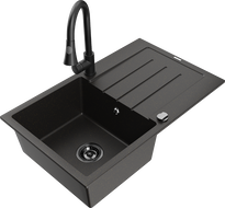 Mexen Bruno Granit-Spullsteen mat engem Becken an Drain mat Kichenkran Elia, schwaarz/goldege Metalik - 6513-75-670101-70-B