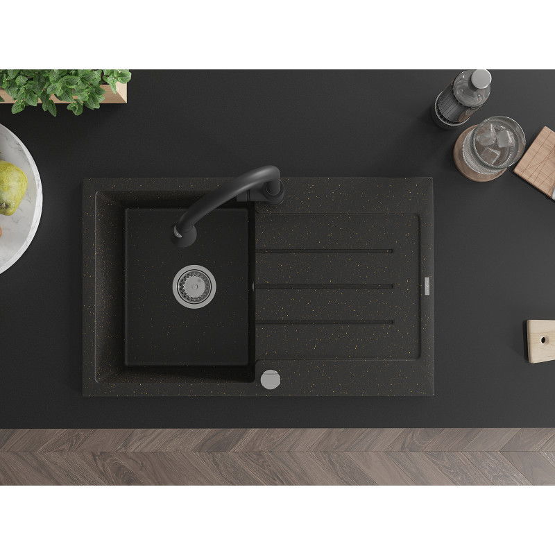 Mexen Bruno granieten gootsteen 1-komorige met afdruiprek en keukenmengkraan Elia, zwart/goude metallic - 6513-75-670101-70