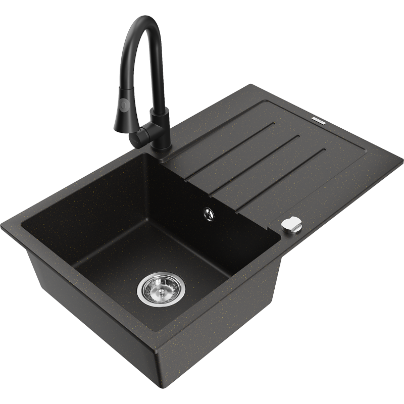 Mexen Bruno fregadero de granito de 1 cubeta con escurridor y grifo de cocina Elia, negro/oro metálico - 6513-75-670101-70