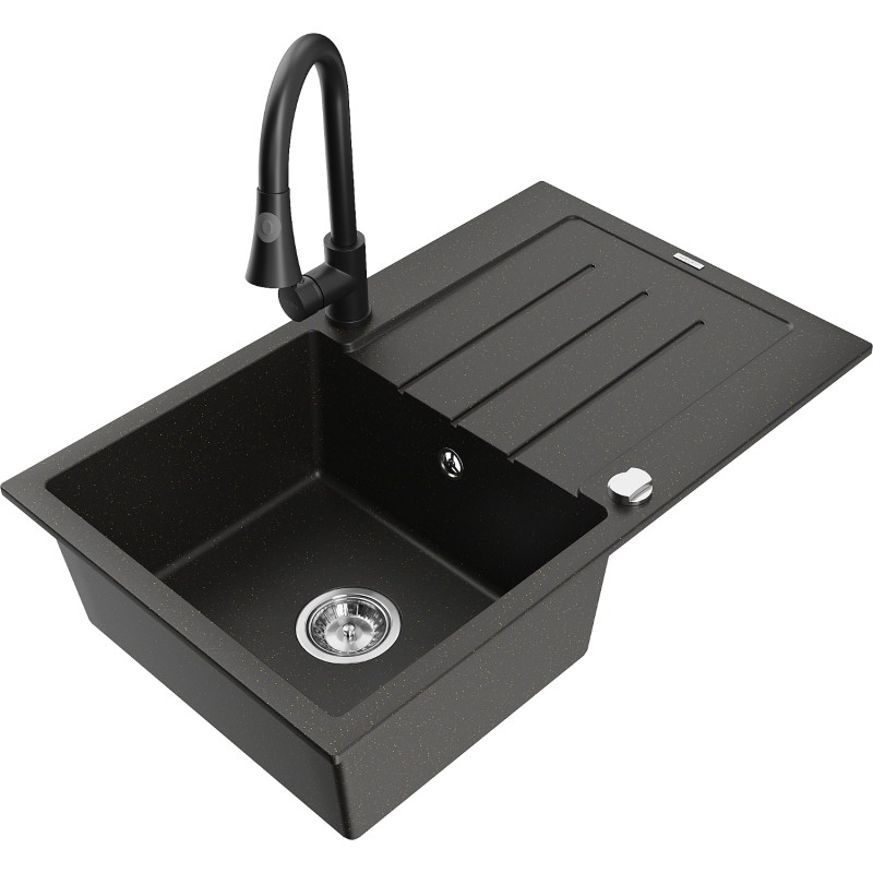 Mexen Bruno fregadero de granito de 1 seno con escurridor y grifo de cocina Elia, negro/dorado metálico - 6513-75-670101-70
