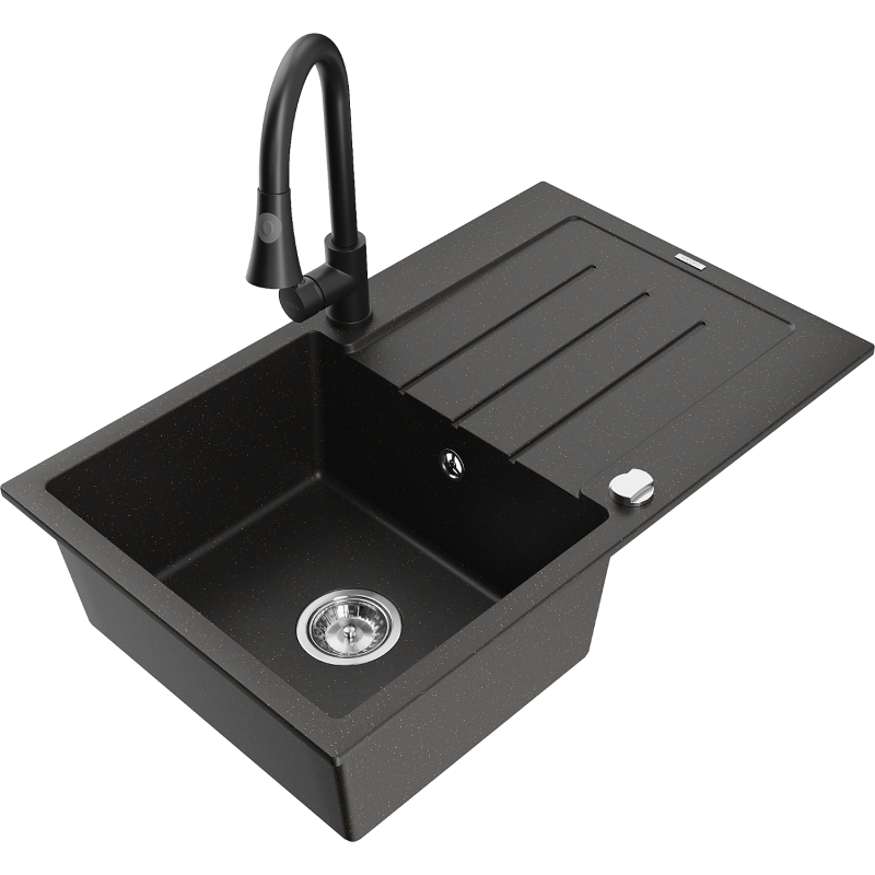 Mexen Bruno single-bowl granite sink with drainer and Elia kitchen tap, black/golden metallic - 6513-75-670101-70