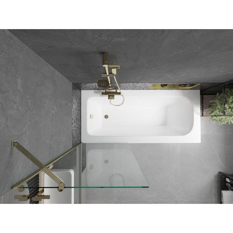 Mexen Vega vasca da bagno rettangolare 150 x 70 cm con pannello e paravento a 1 anta 70 cm, trasparente, oro