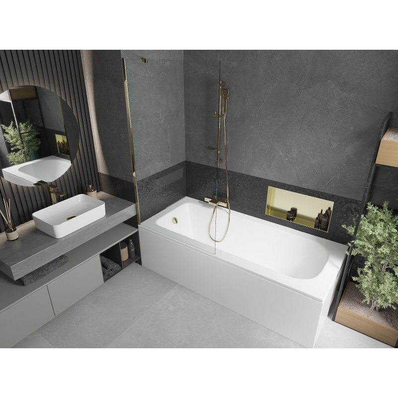Mexen Vega vasca rettangolare 170 x 70 cm con pannello frontale e schermo doccia a 1 anta 90 cm, trasparente, dorato