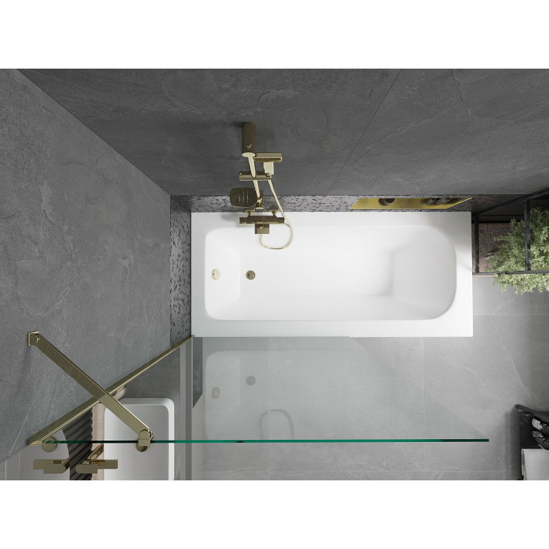 Mexen Vega Rechteckige Badewanne 160 x 70 cm mit Verkleidung und 1-flügeliger Trennwand 100 cm, transparent, gold