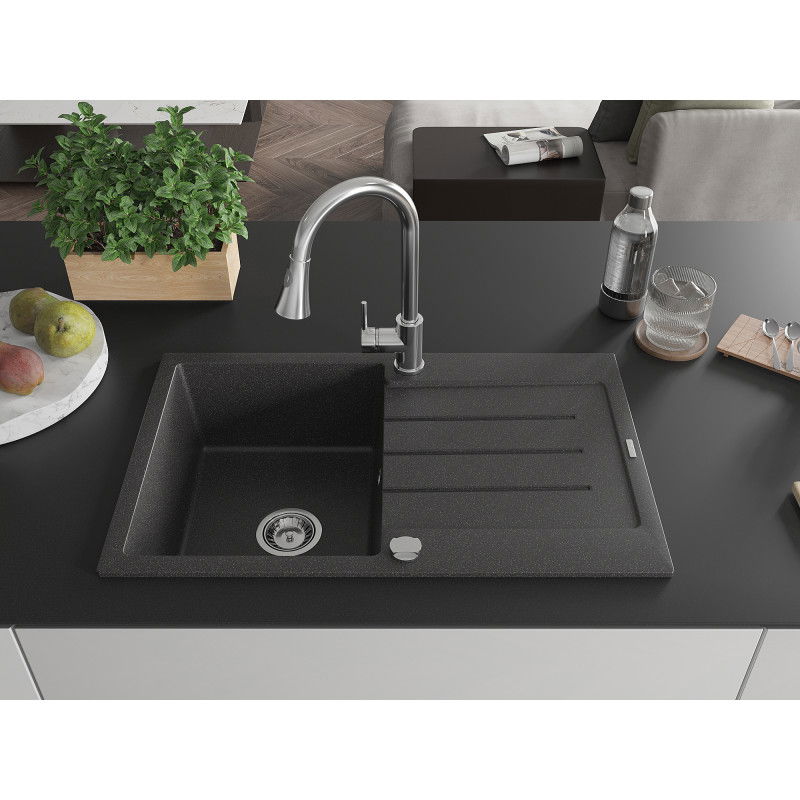 Mexen Bruno granite sink 1-bowl with drainer and Elia kitchen tap, speckled black - 6513-76-670101-00