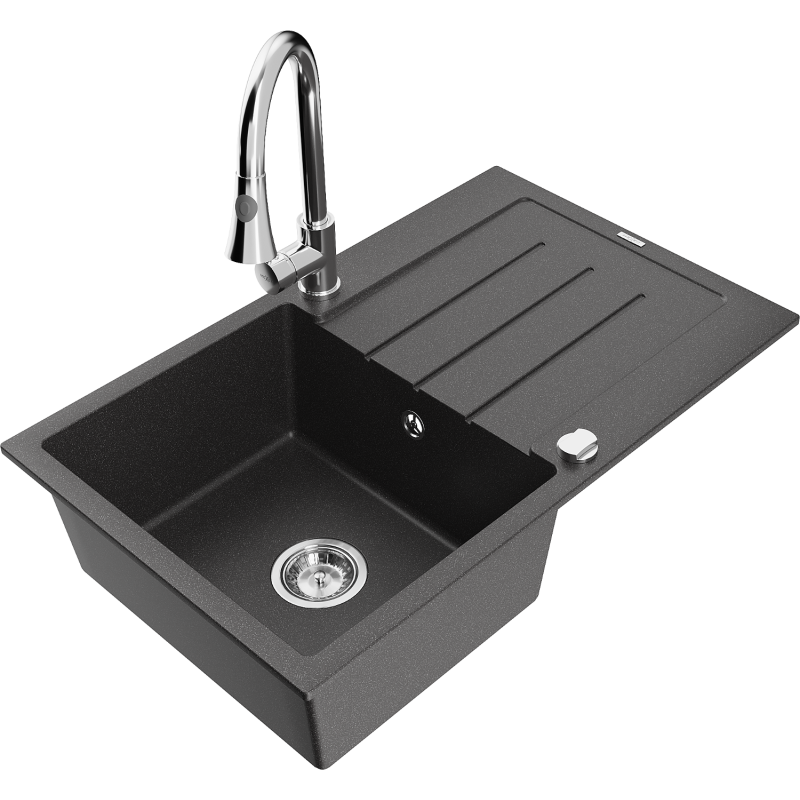 Mexen Bruno granite sink 1-bowl with drainer and Elia kitchen tap, speckled black - 6513-76-670101-00