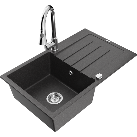 Mexen Bruno granite sink 1-bowl with drainer and Elia kitchen tap, speckled black - 6513-76-670101-00