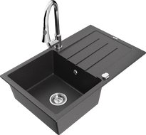 Mexen Bruno fregadero de granito de 1 cámara con escurridor y grifo de cocina Elia, negro moteado - 6513-76-670101-00