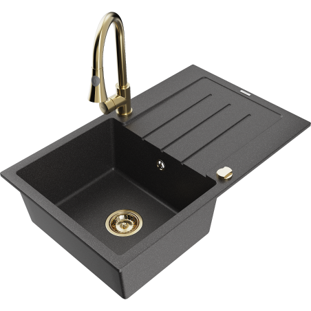 Mexen Bruno lavello in granito a 1 vasca con sgocciolatoio e rubinetto da cucina Elia, nero punteggiato - 6513-76-670101-50