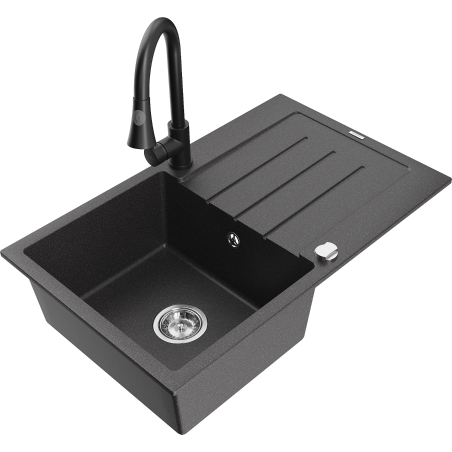 Mexen Bruno lavello cucina in granito a una vasca con scolapiatti e miscelatore cucina Elia, nero maculato - 6513-76-670101-70