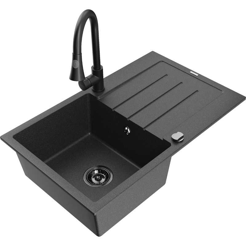 Mexen Bruno fregadero de granito de 1 cubeta con escurridor y grifo de cocina Elia, negro moteado - 6513-76-670101-70-B