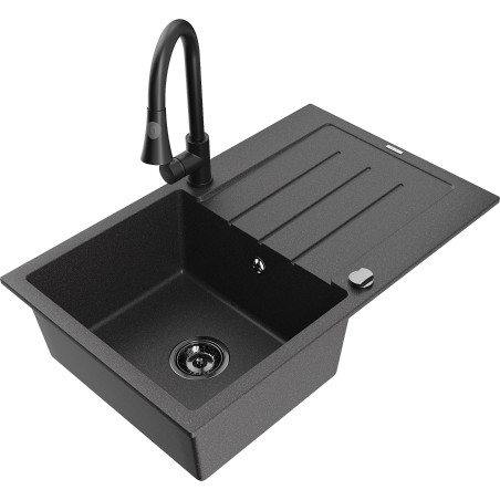 Mexen Bruno granitizlietne 1-kameru izlietne ar iztukšošanas nodalījumu un virtuves jaucējkrānu Elia, melna ar plankumiem