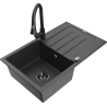 Mexen Bruno évier en granit 1-bac avec égouttoir et robinet de cuisine Elia, noir moucheté - 6513-76-670101-70-B