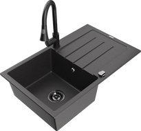 Mexen Bruno fregadero de granito de 1 cubeta con escurridor y grifo de cocina Elia, negro moteado - 6513-76-670101-70-B