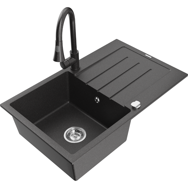 Mexen Bruno fregadero de granito 1-cubeta con escurridor y grifo de cocina Elia, negro moteado - 6513-76-670101-76