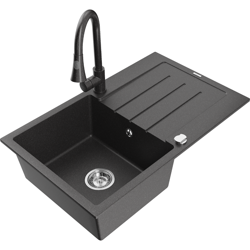 Mexen Bruno yksikammioinen graniittinen pesuallas valu- ja keittiöhanalla, musta pilkullinen - 6513-76-670101-76