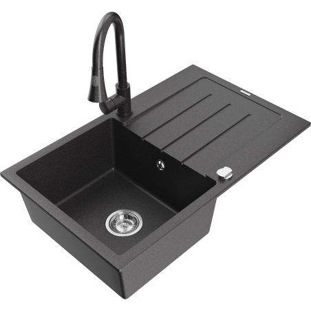 Mexen Bruno fregadero de granito 1-cubeta con escurridor y grifo de cocina Elia, negro moteado - 6513-76-670101-76