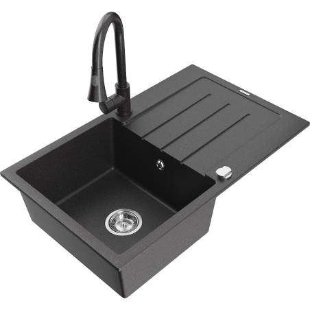 Mexen Bruno granitā izlietne ar vienu nodalījumu, notekas un virtuves maisītāju Elia, melna ar punktiem - 6513-76-670101-76