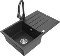 Mexen Bruno 1-bowl granite sink with drainer and Elia kitchen tap, black speckled - 6513-76-670101-76