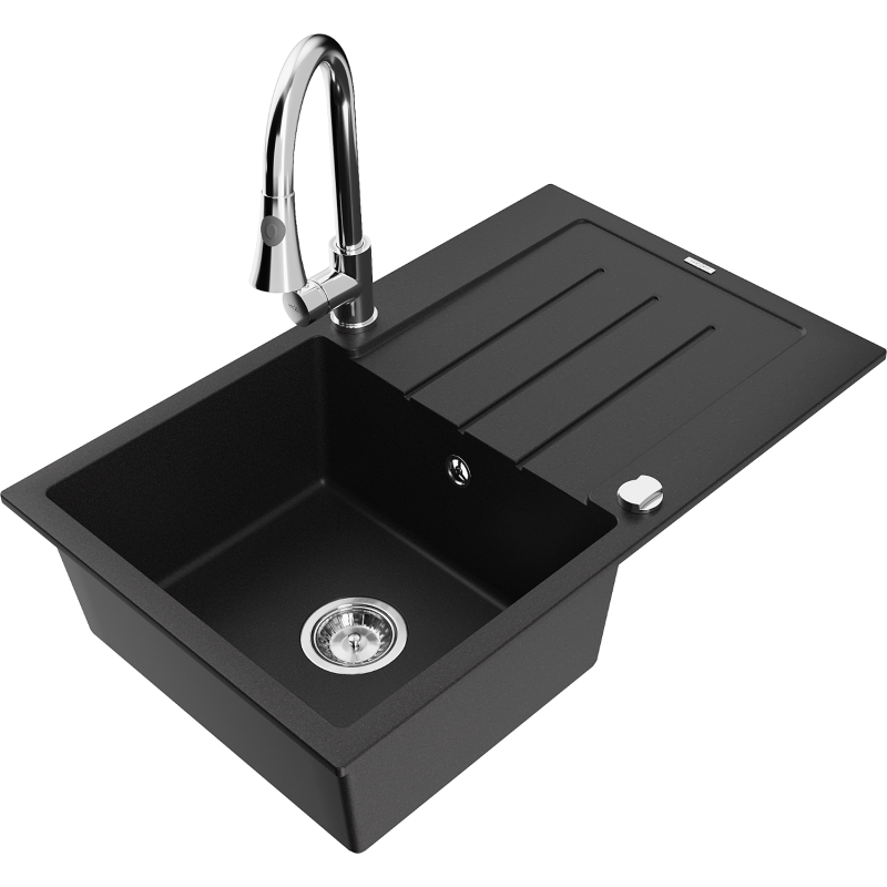 Mexen Bruno 1-bowl granite sink with drainer and Elia kitchen tap, black - 6513-77-670101-00