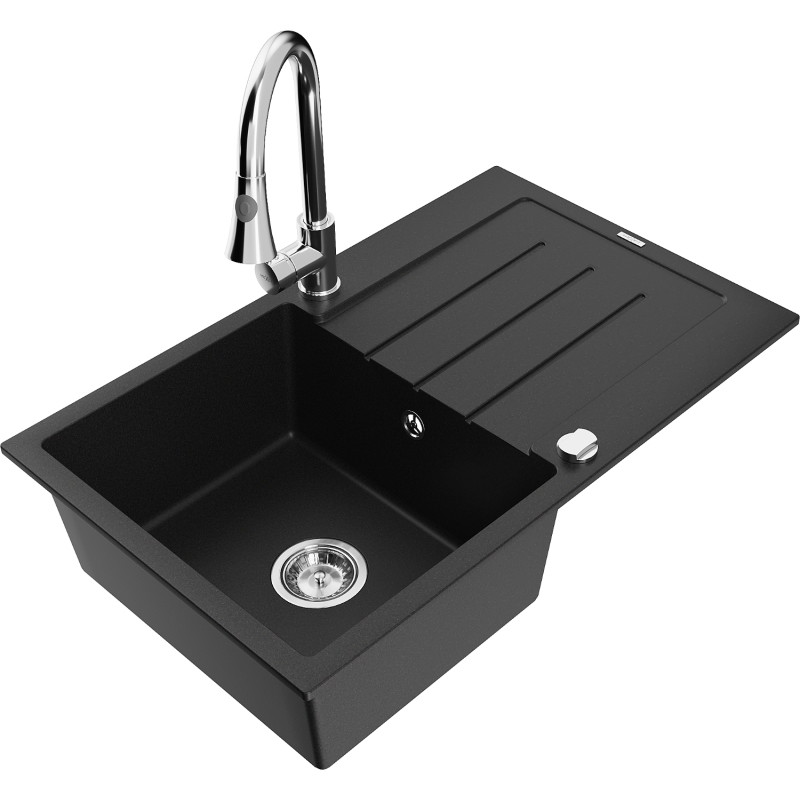 Mexen Bruno fregadero de granito 1-cubeta con escurridor y grifo de cocina Elia, negro - 6513-77-670101-00