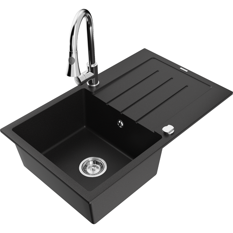 Mexen Bruno Granitspüle 1-Becken mit Abtropffläche und Küchenarmatur Elia, schwarz - 6513-77-670101-00