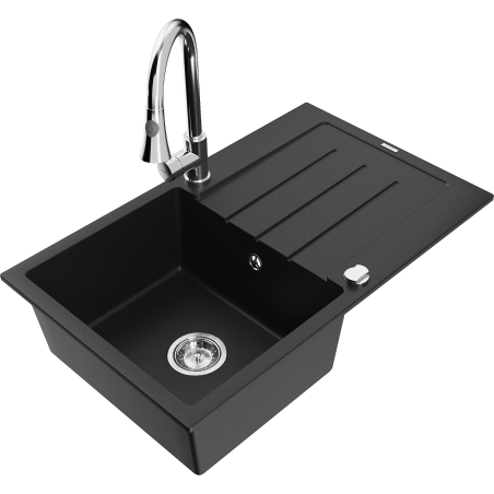 Mexen Bruno 1-bowl granite sink with drainer and Elia kitchen tap, black - 6513-77-670101-00