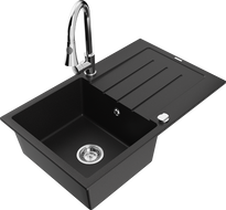 Mexen Bruno 1-bowl granite sink with drainer and Elia kitchen tap, black - 6513-77-670101-00