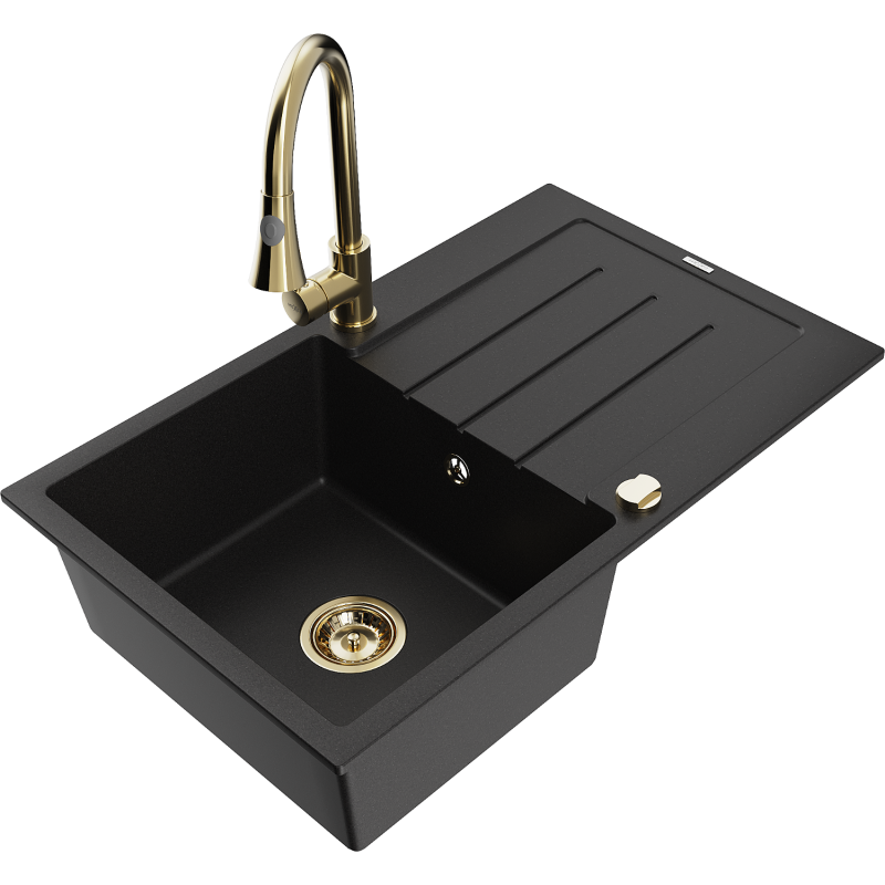 Mexen Bruno fregadero de granito de 1 seno con escurridor y grifo de cocina Elia, negro - 6513-77-670101-50