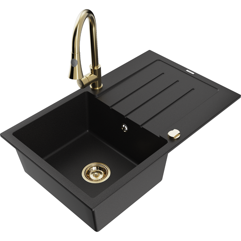 Mexen Bruno graniittinen yksialtainen tiskiallas valutustasolla ja keittiöhanalla Elia, musta - 6513-77-670101-50