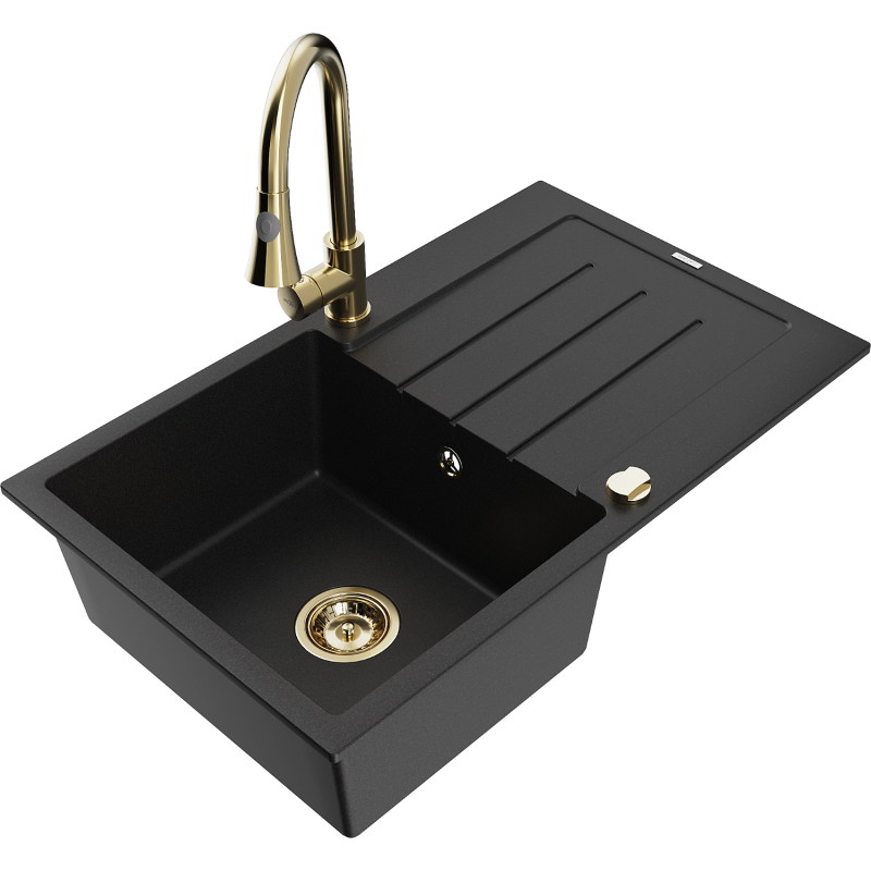 Mexen Bruno Granitspüle 1-Becken mit Abtropffläche und Küchenarmatur Elia, schwarz - 6513-77-670101-50