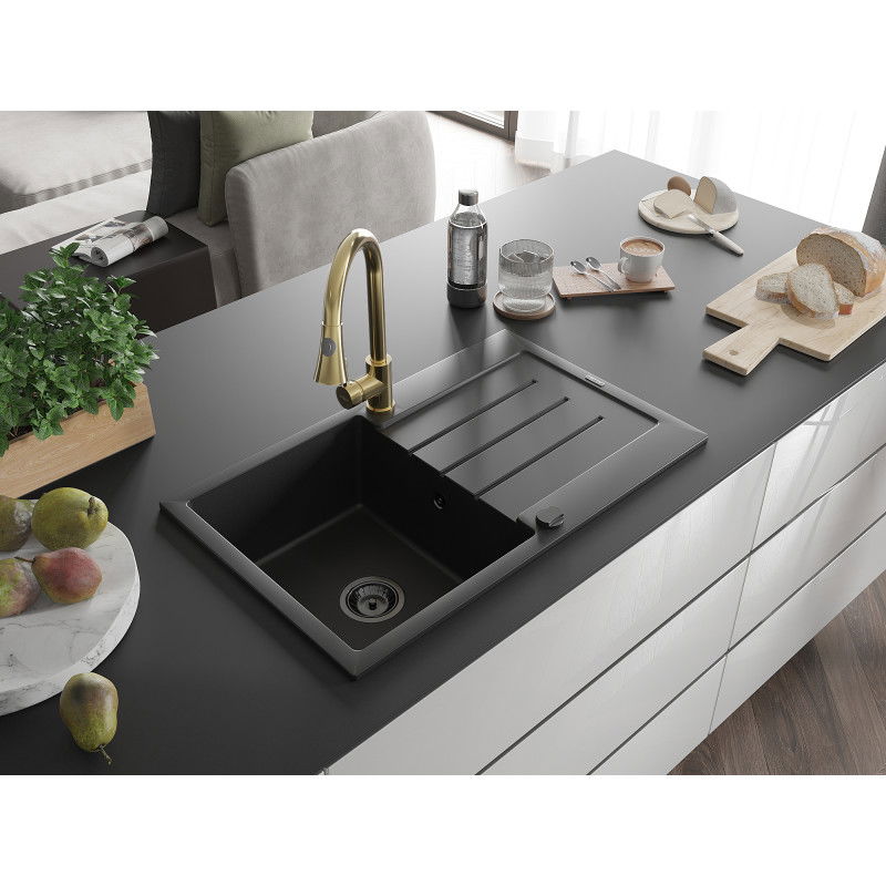 Mexen Bruno 1-bowl granite sink with drainer and Elia kitchen tap, black - 6513-77-670101-50-B