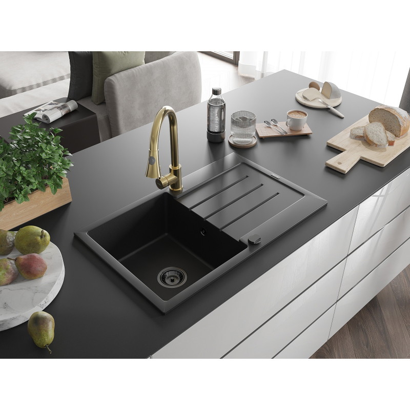 Mexen Bruno fregadero de granito de 1 cubeta con escurridor y grifo de cocina Elia, negro - 6513-77-670101-50-B