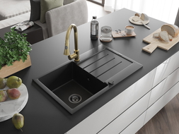 Mexen Bruno Granitspüle 1-Becken mit Abtropffläche und Küchenarmatur Elia, schwarz - 6513-77-670101-50-B