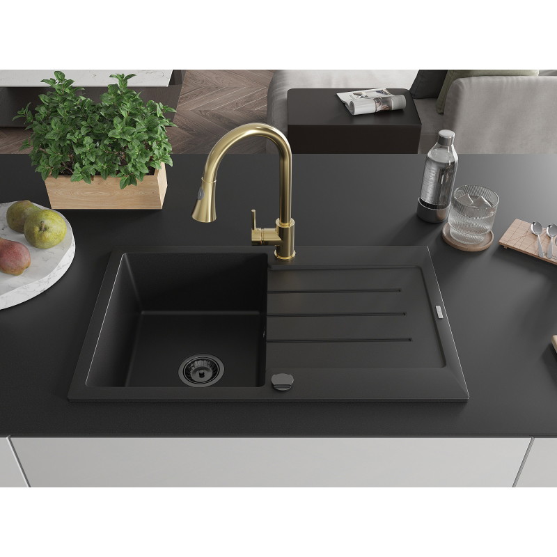 Mexen Bruno fregadero de granito de 1 cubeta con escurridor y grifo de cocina Elia, negro - 6513-77-670101-50-B