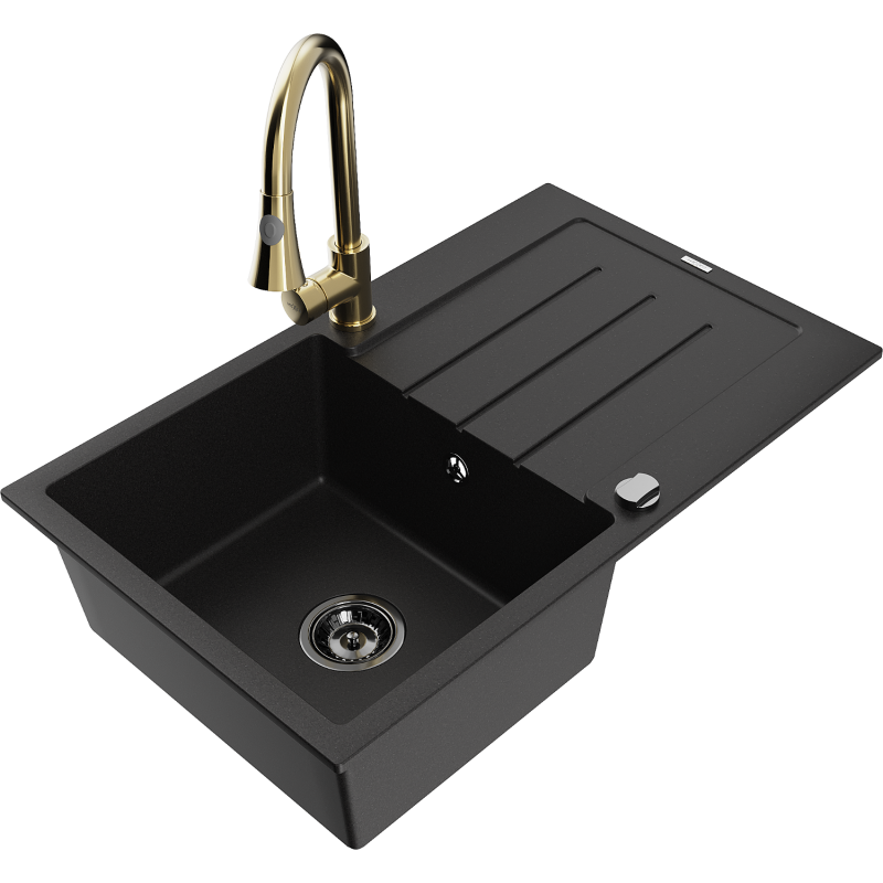 Mexen Bruno 1-bowl granite sink with drainer and Elia kitchen tap, black - 6513-77-670101-50-B