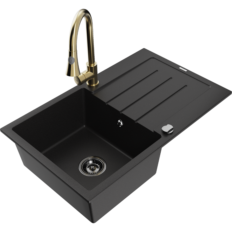 Mexen Bruno Granitspüle 1-Becken mit Abtropffläche und Küchenarmatur Elia, schwarz - 6513-77-670101-50-B