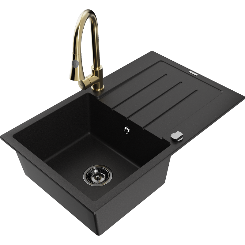 Mexen Bruno lava-loiça em granito de 1 cuba com escorredor e torneira de cozinha Elia, preto - 6513-77-670101-50-B